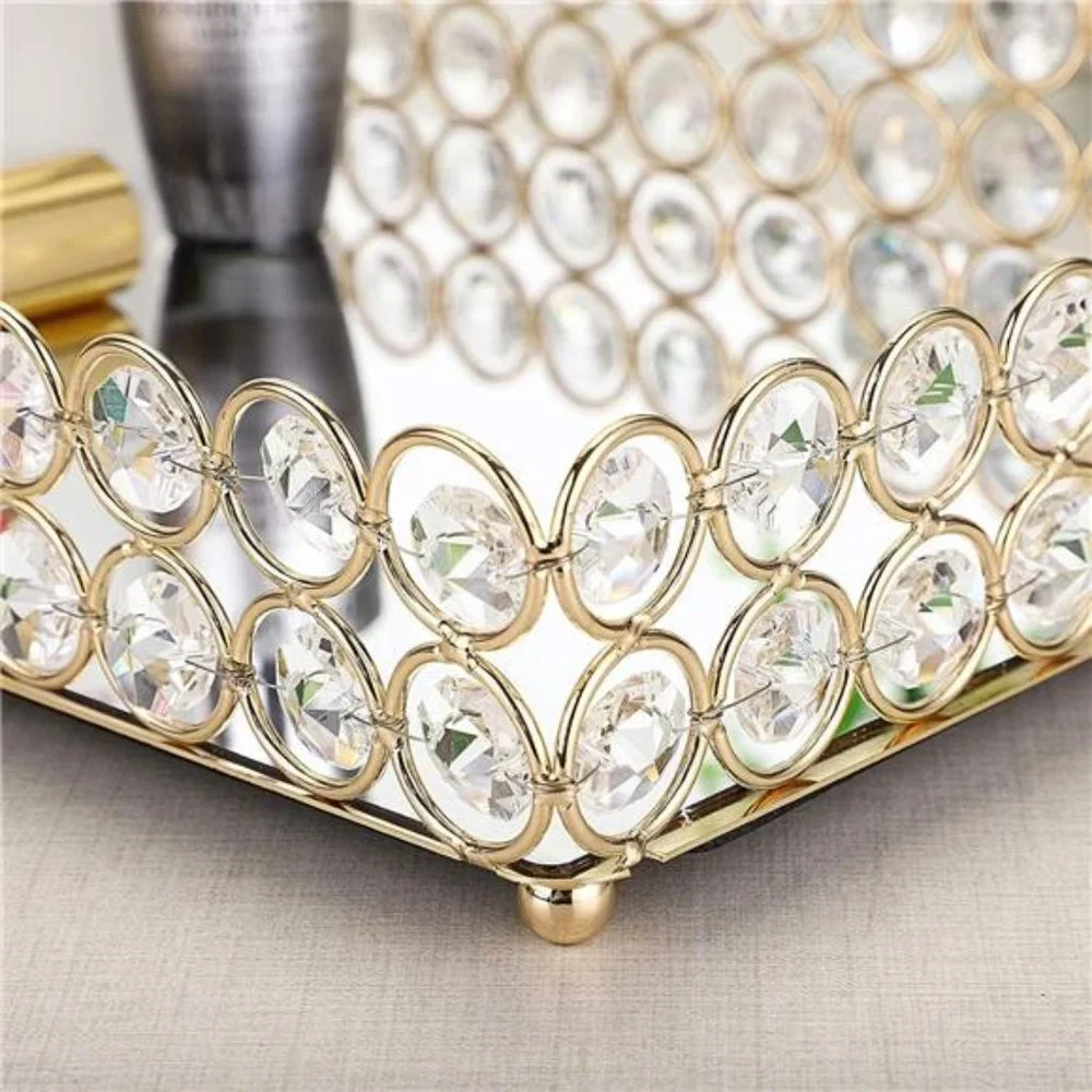 Crystal Cosmetic Vanity Tray, Mirrored Decorative Jewelry Organizer Tray